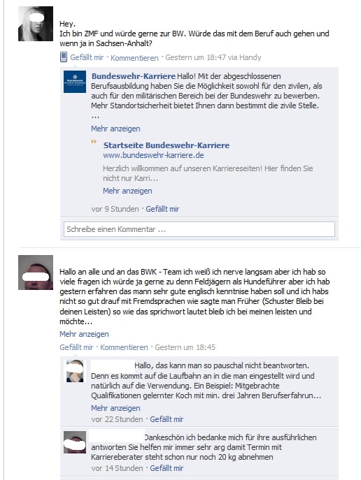 Dialog auf der Bundeswehr-Karriere Fanpage