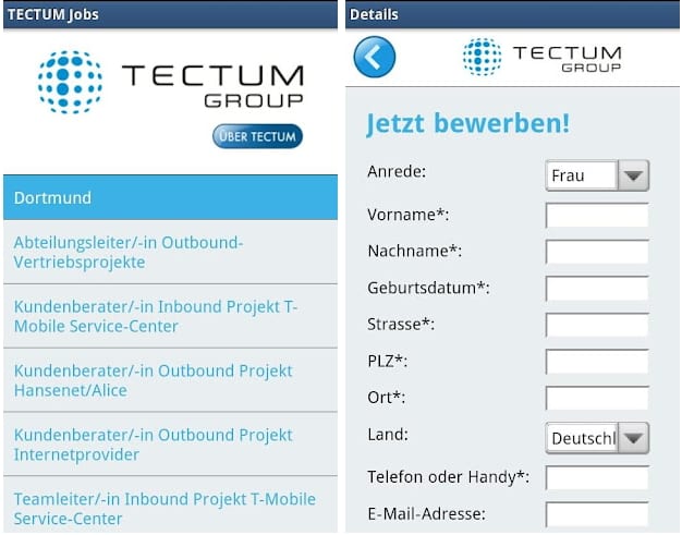 Tectum Jobs - nach einer endlosen Scrollarie ist eine Online-Bewerbung direkt aus dem Formular möglich