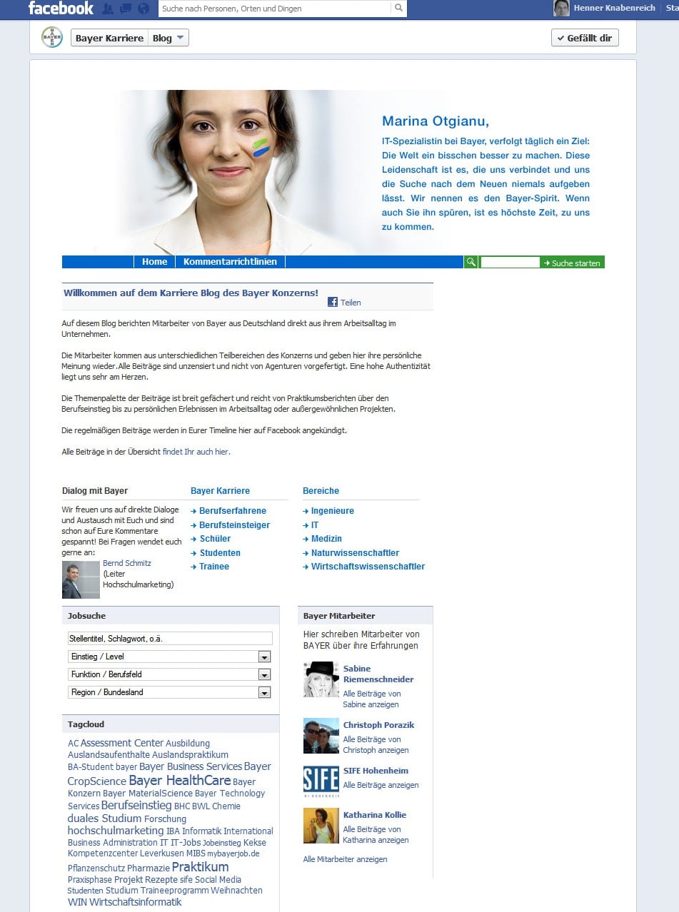 Nicht zu Ende gedachtes Social Media Personalmarketing - der Bayer Karriere-Blog auf Facebook