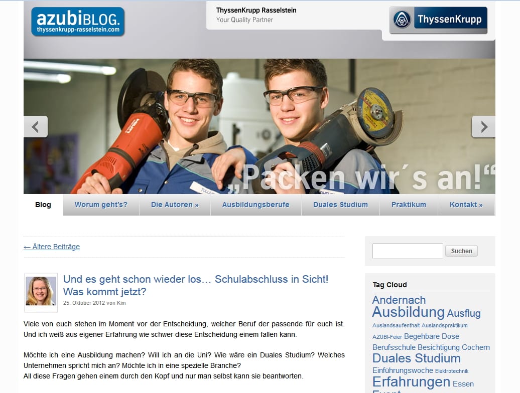 Ausbildungsmarketing: Screenshot vom Azubiblog ThyssenKrupp Rasselstein. Ein Projekt von Azubis für Azubis
