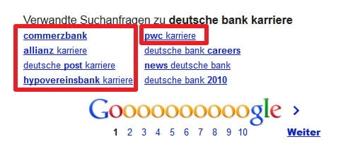 Konterkarierte Personalmarketingbemühungen - eine Suche nach Deutsche Bank Karriere ergibt verwandte Suchanfragen zu Commerzbank Allianz PWC