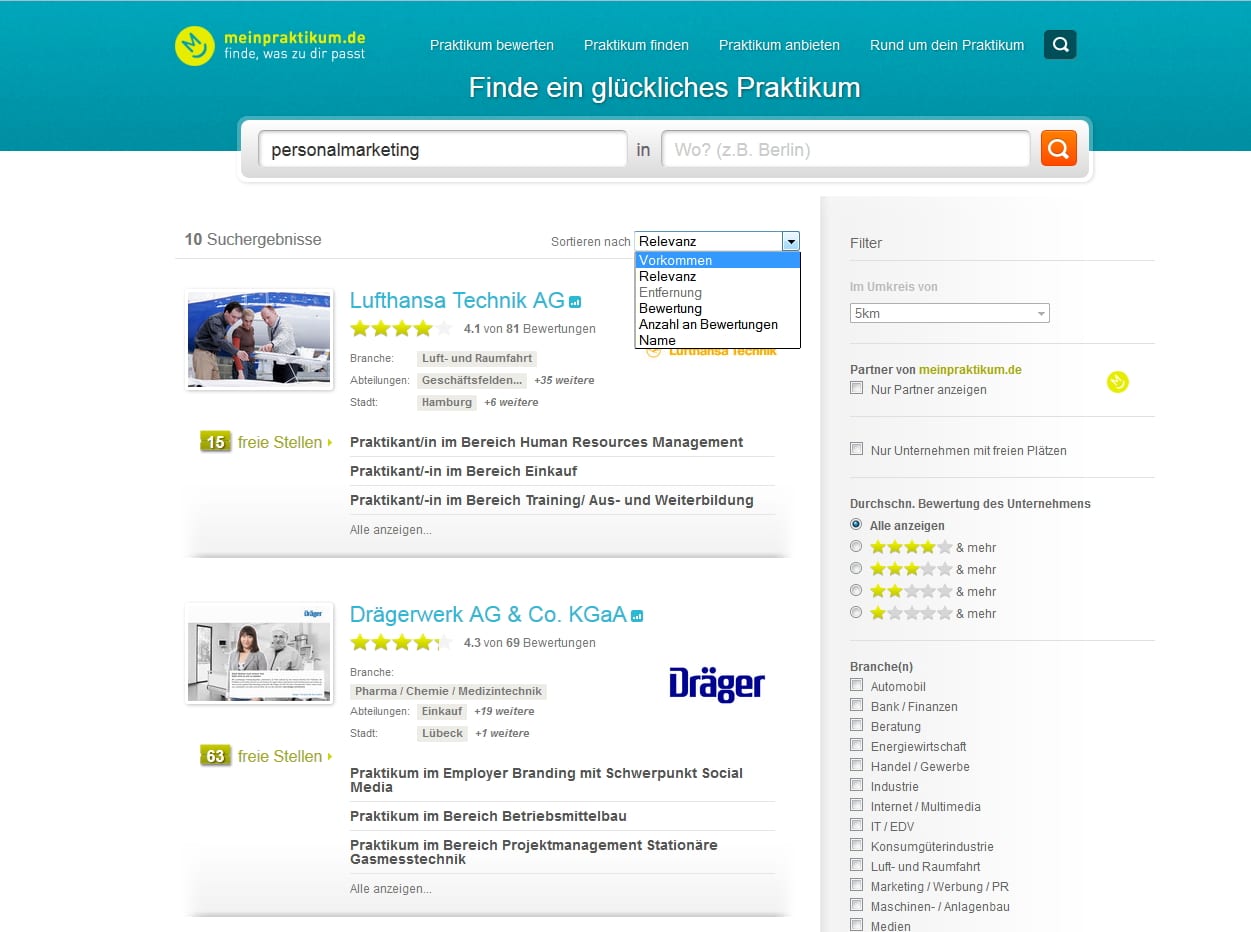 meinpraktikum.de - Anzeige der Suchergebnisse für personalmarketing