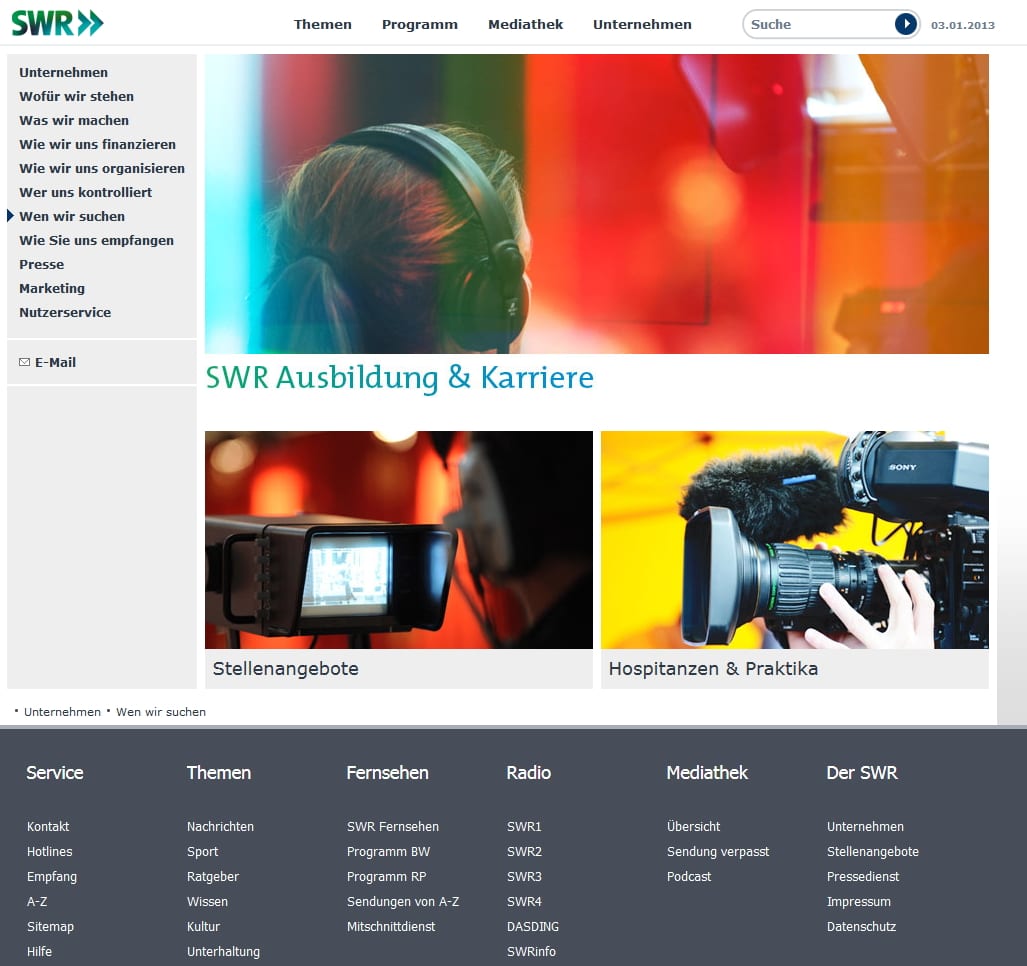 Karriere-Website des SWR - klar strukturiert, wenig informativ