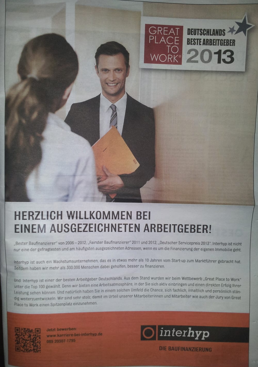 Great Place to Work - Deutschlands bester Arbeitgeber - interhyp Imageanzeige mit QR-Code