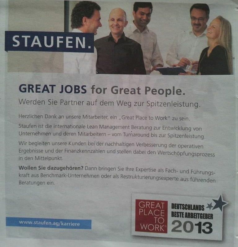 Great Place to Work - Staufen  Imageanzeige im Handelsblatt