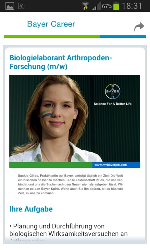 Mobile Recruiting mit der Bayer Karriere-App - Ansicht Biologielaborant Atrhropodenfoschung
