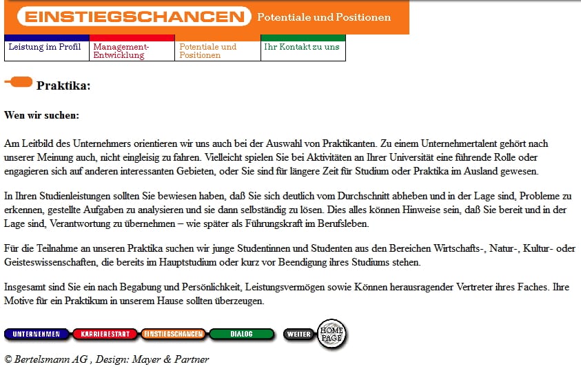 Personalmarketing anno 1997 - Infos für Praktikanten auf der Bertelsmann Karriere-Website