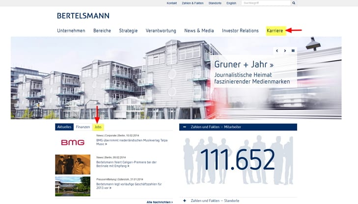 Bertelsmann Website mit Einstieg zu Karriere sowie Jobs