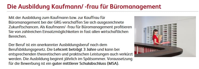 Ausbildung Kaufmann/Kauffrau für Büromanagement - Screenshot GRG