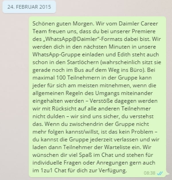 Daimler WhatsApp im Personalmarketing_Netiquette-Nachricht-vor-Gruppeneinladung