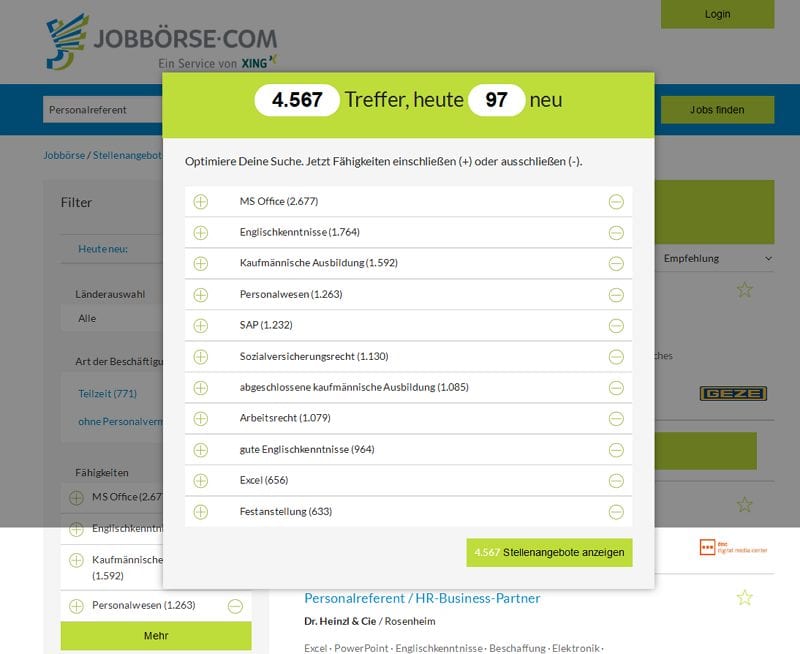 Suche nach Personalreferent bei Jobbörse.com mit Smartfilter zu Fähigkeiten und Benefits