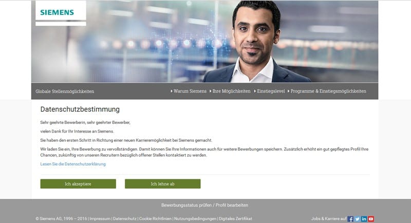 Online-Bewerbung bei Siemens - Datenschutzbestimmung