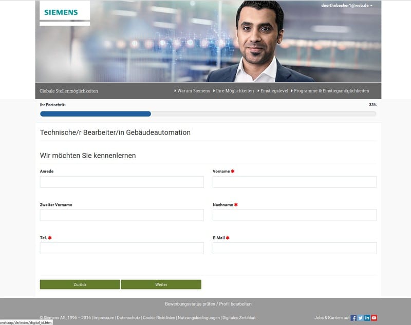 Online-Bewerbung bei Siemens - Daten vervollständigen 1