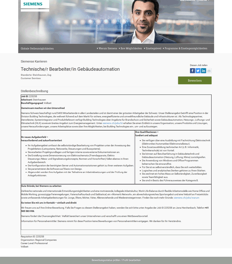 Online-Bewerbung bei Siemens - Jobdetailansicht