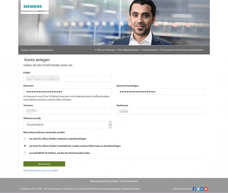 Online-Bewerbung bei Siemens - Konto anlegen