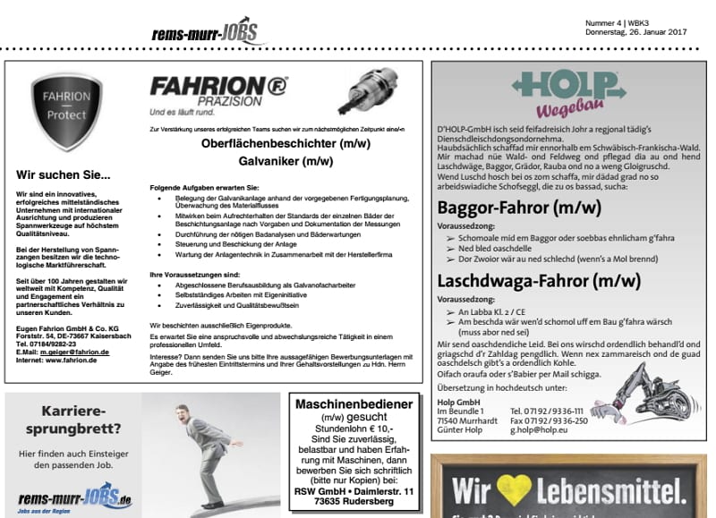 Personalmarketing auf Schwäbisch: Baggor-Fahror-Laschdwaga-Fahror - Stellenanzeige von Holp