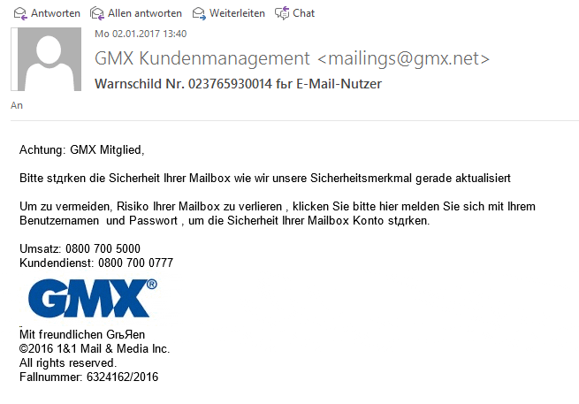 Sofort als SPAM zu erkennen - GMX Kundenmanagement-Mail