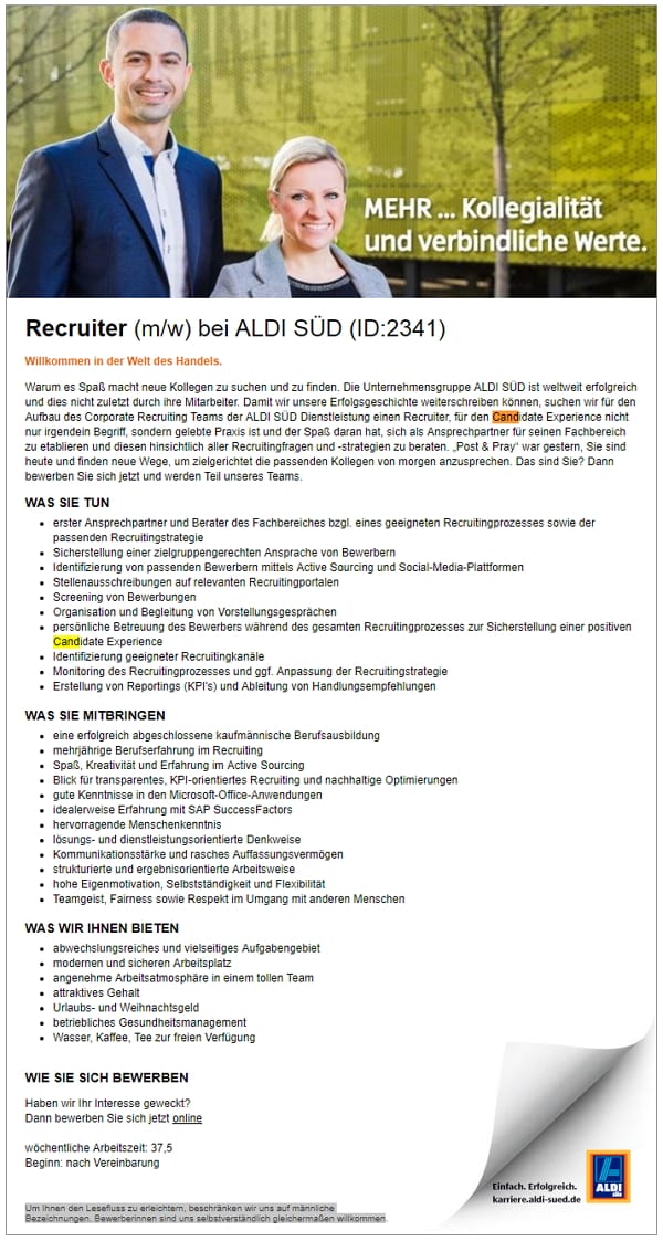 ALDI SÜD sucht Recruiter mit ID und bietet schlechte Candidate Experience