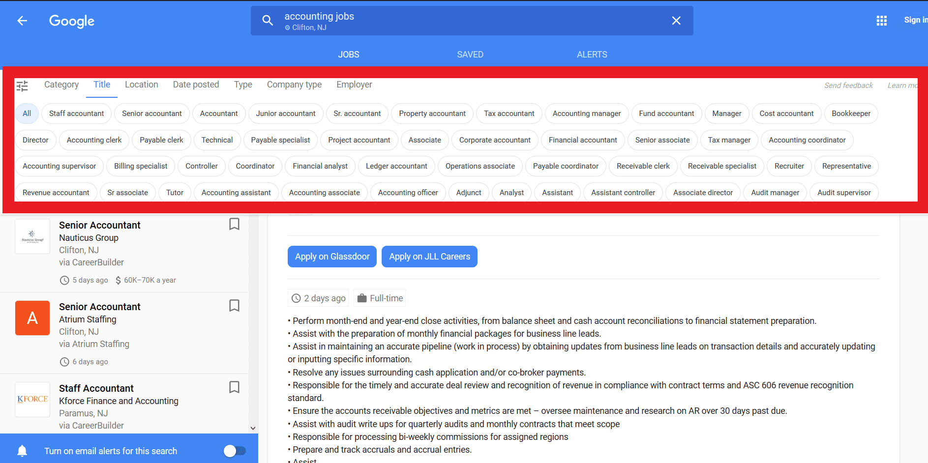 Google for Jobs bietet eine Fülle an Filtermöglichkeiten - Screenshot google.com