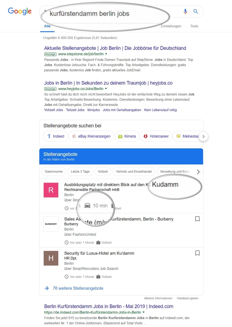 Google for Jobs - Suche nach direktem Standort