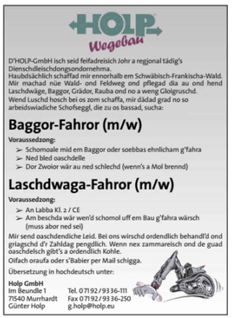 Stellenanzeige in Schwäbischer Mundart - der Baggor-Fahror von Holp