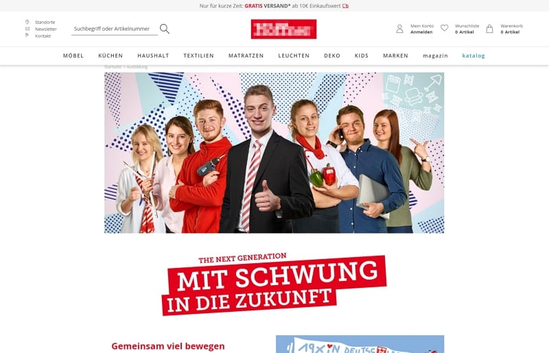 In den Unternehmensauftritt integrierte Karriereseite mit Werbung - Screenshot hoeffner.de