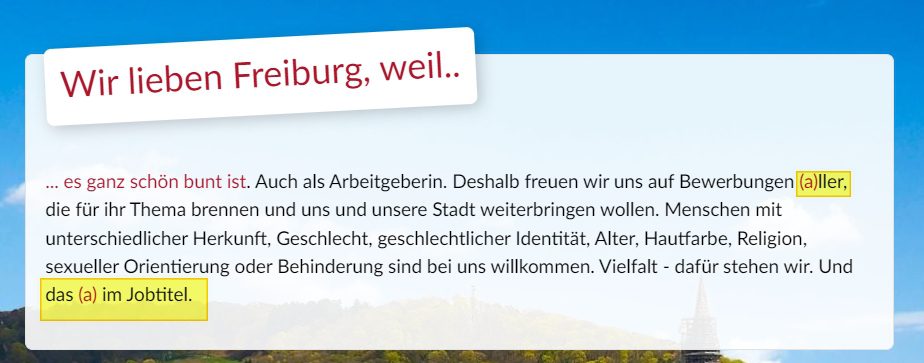 Dieser Disclaimer in den Stellenanzeigen der Stadt Freiburg soll das _a_ erklären