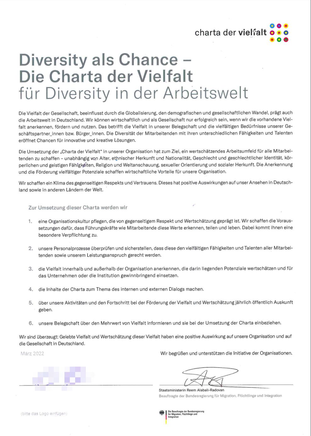 Charta der Vielfalt - Urkunde mit Absichtserklärung