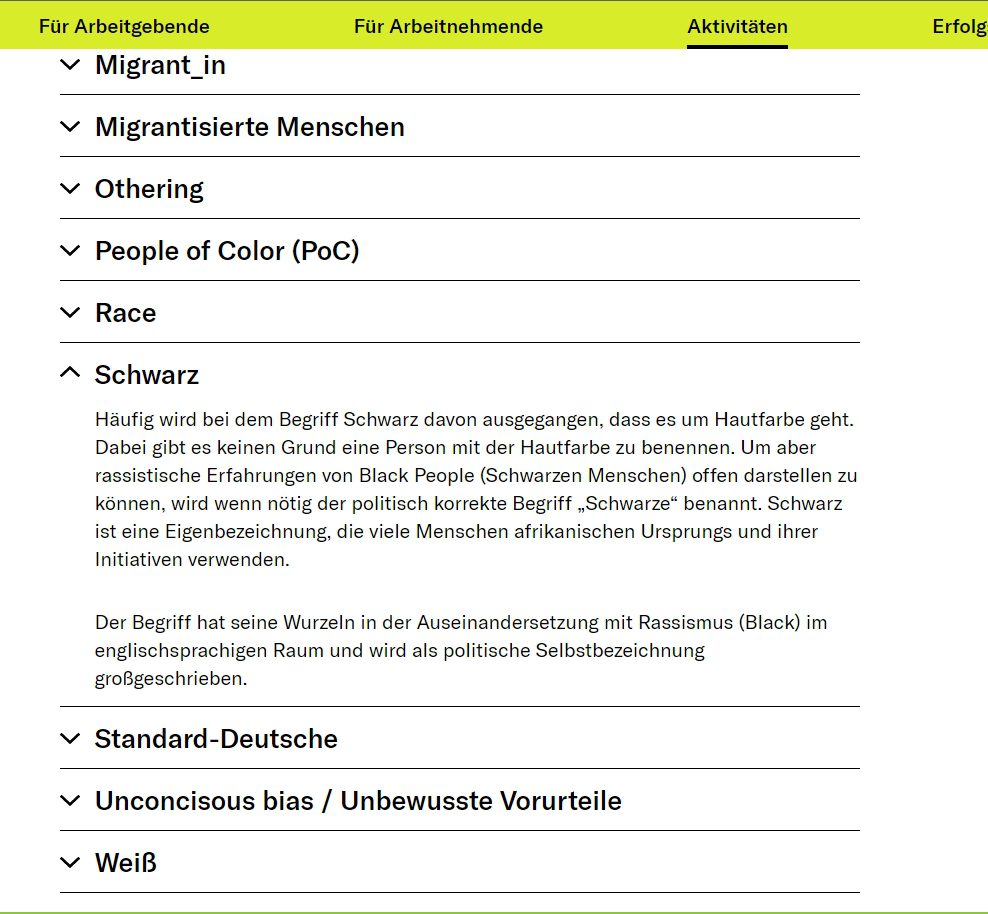 Screenshot des Glossars der Charta der Vielfalt, das Inhalte fragwürdiger Ideologien verbreitet